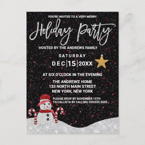 Cute White Red Snowman Night Sky Glitter Holidays Holiday Postcard