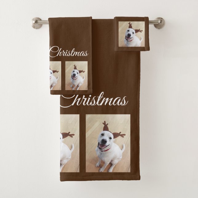 Cute White Reindeer Puppy Dog Christmas Brown Bath Towel Set (Insitu)