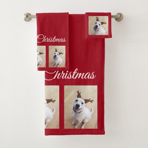 Cute White Reindeer Puppy Dog Christmas Red Bath Towel Set