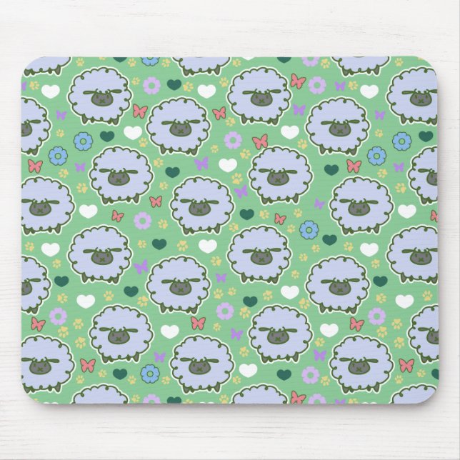 Cute White Sheep Green Pattern Mouse Pad (Front)