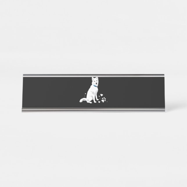 Cute White Siberian Husky - Sweet White Snow Dog Desk Name Plate (Front)