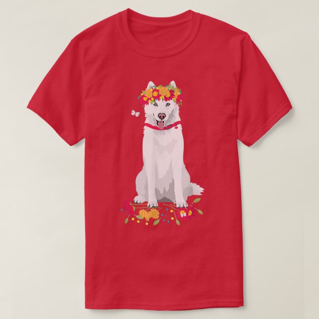 cute white Siberian Husky  white snow dog with flo T-Shirt (Design Front)