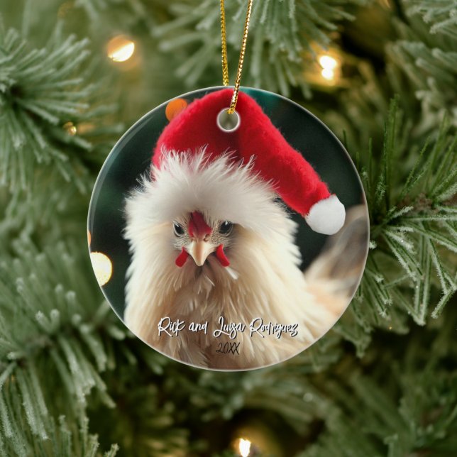Cute White Silkie Chicken in Santa Hat Christmas Ceramic Ornament (Tree)