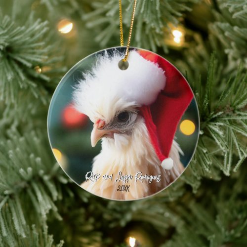 Cute White Silkie Chicken in Santa Hat Christmas Ceramic Ornament