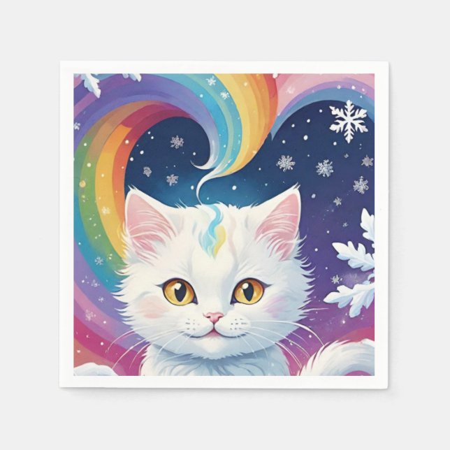 Cute White Snow Christmas Cat Napkins (Front)