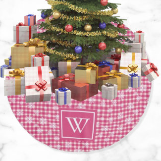 Cute White Snowflakes Pink Buffalo Plaid Monogram