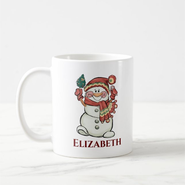 Cute White Snowman Santa Winter Christmas Coffee Mug (Left)