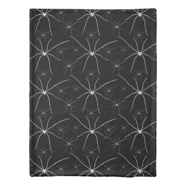 Cute White Spiders Illustration On Black Duvet Cover (Back)