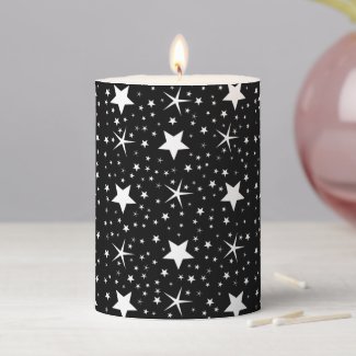Cute white stars minimal pattern on black pillar candle