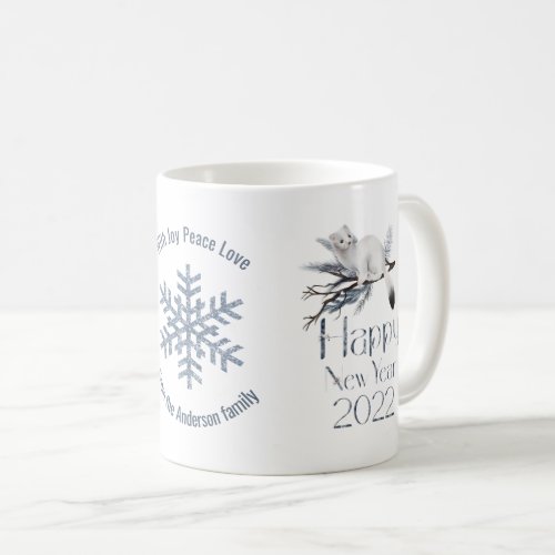 Cute White Stoat On A Branch Happy New Year 2022 Coffee Mug