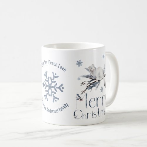Cute White Stoat On A Branch Merry Christmas Coffee Mug