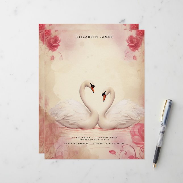 Cute White Swan Vintage Valentines Day Personized Letterhead (Front/Back In Situ)