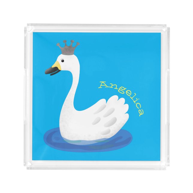 Cute white swan with crown cartoon acrylic tray (Front)