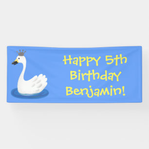 Cute white swan with crown cartoon banner