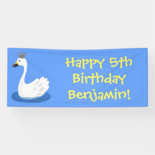 Cute white swan with crown cartoon banner