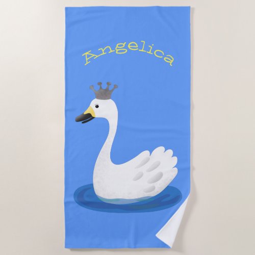 Cute white swan with crown cartoon beach towel