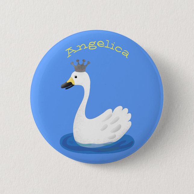 Cute white swan with crown cartoon button (Front)
