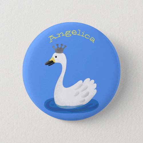 Cute white swan with crown cartoon button