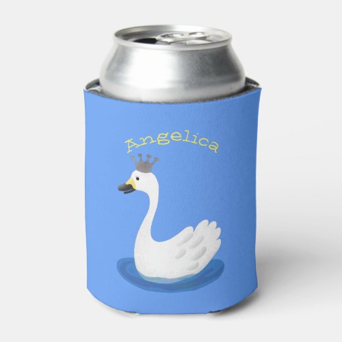 Cute white swan with crown cartoon can cooler