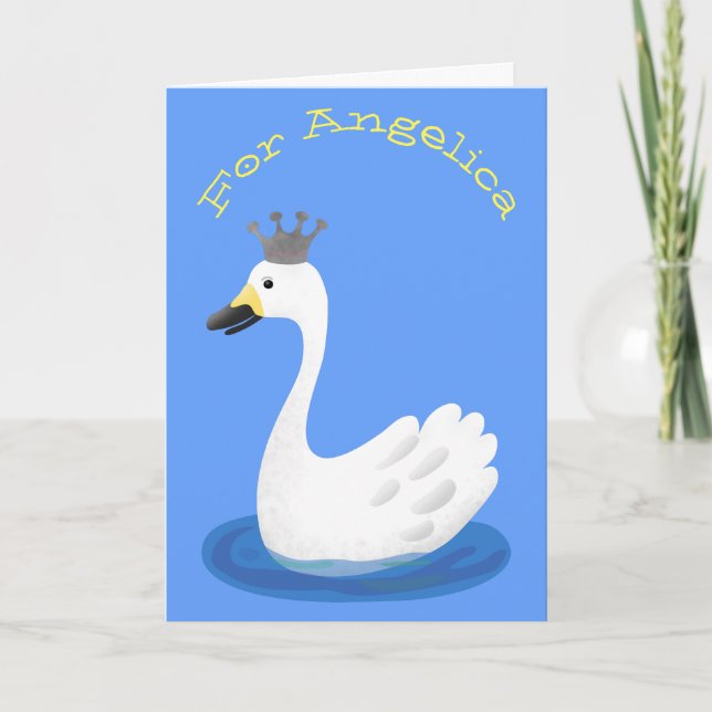Cute white swan with crown cartoon card (Front)