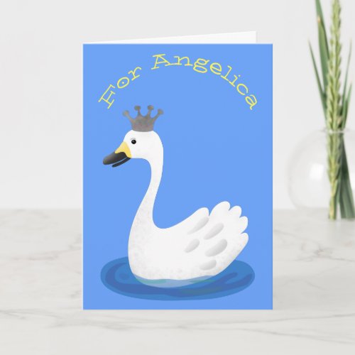 Cute white swan with crown cartoon card