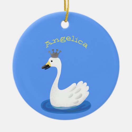 Cute white swan with crown cartoon ceramic ornament