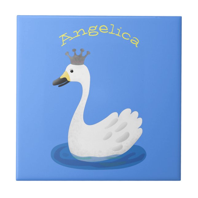 Cute white swan with crown cartoon ceramic tile (Front)