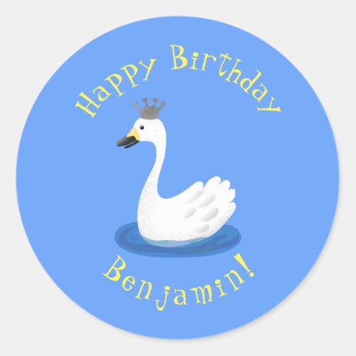 Cute white swan with crown cartoon classic round sticker