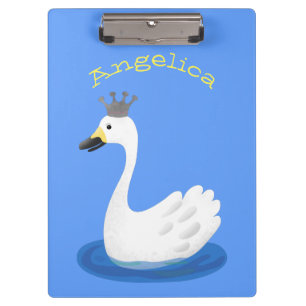 Cute white swan with crown cartoon clipboard
