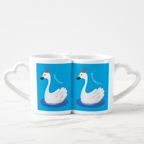 Cute white swan with crown cartoon coffee mug set