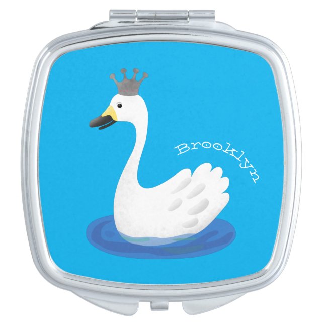 Cute white swan with crown cartoon compact mirror (Front)