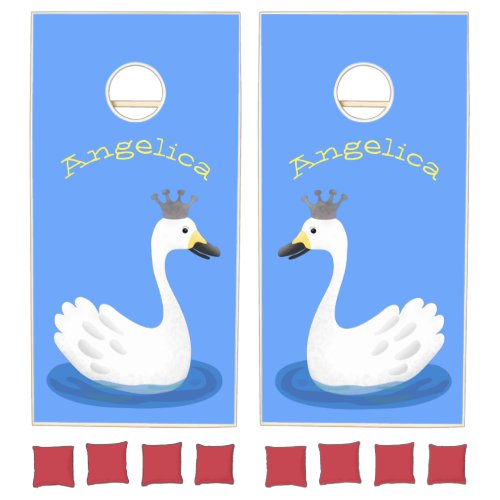 Cute white swan with crown cartoon cornhole set