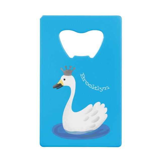 Cute white swan with crown cartoon credit card bottle opener (Front)