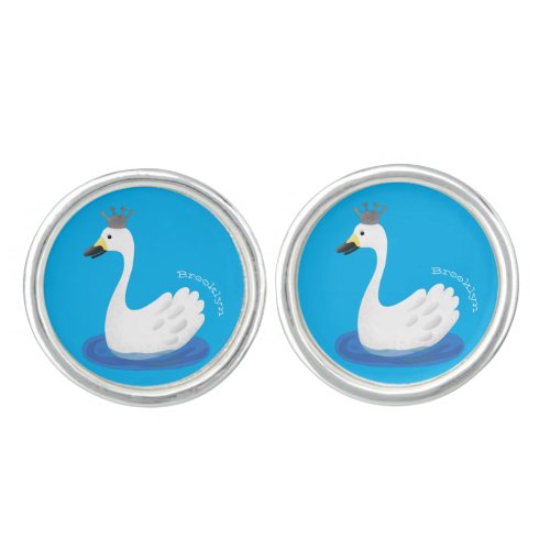 Cute white swan with crown cartoon cufflinks