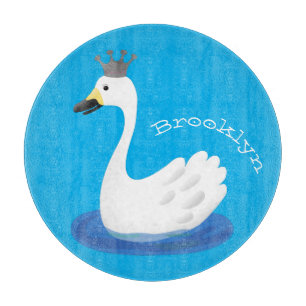 Cute white swan with crown cartoon cutting board
