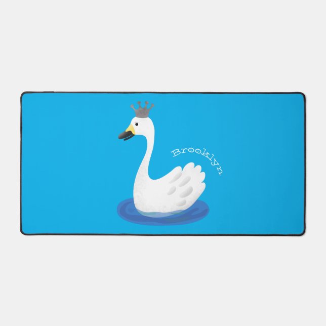 Cute white swan with crown cartoon desk mat (Front)