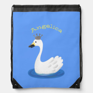 Cute white swan with crown cartoon drawstring bag