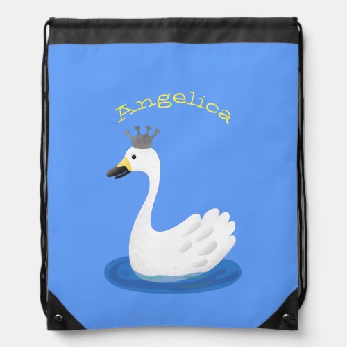 Cute white swan with crown cartoon drawstring bag