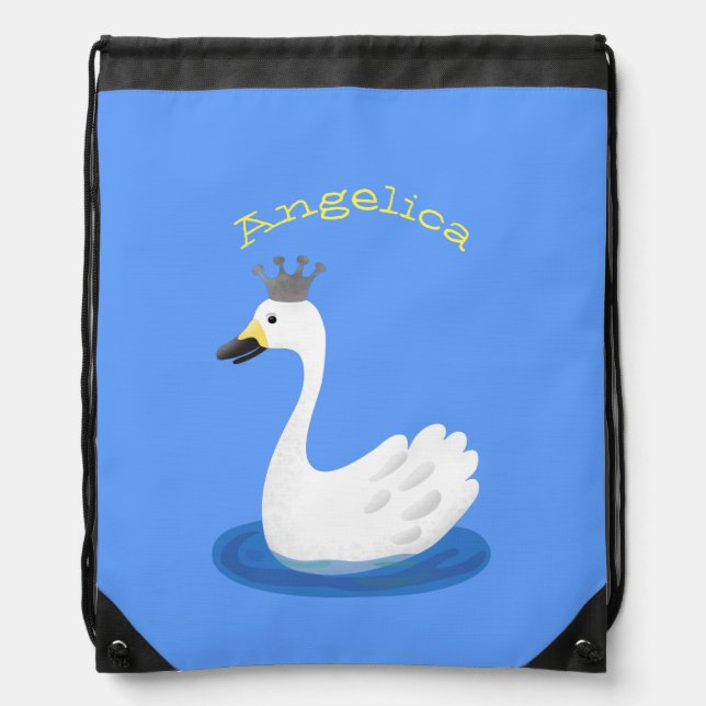Cute white swan with crown cartoon drawstring bag (Front)