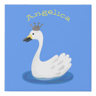 Cute white swan with crown cartoon faux canvas print