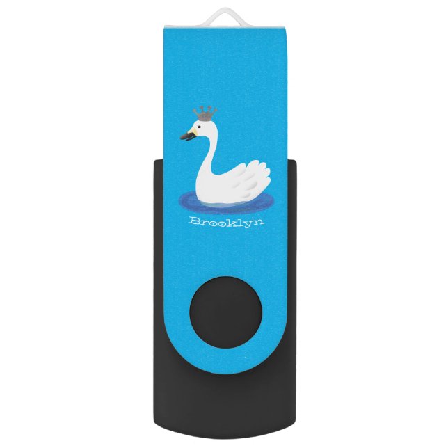Cute white swan with crown cartoon flash drive (Front Vertical)