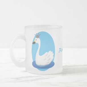 Cute white swan with crown cartoon frosted glass coffee mug