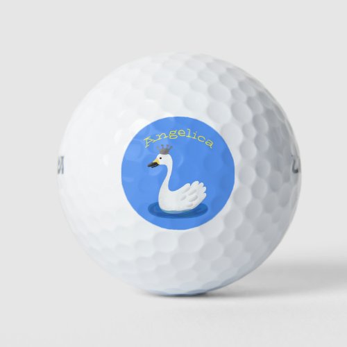 Cute white swan with crown cartoon golf balls