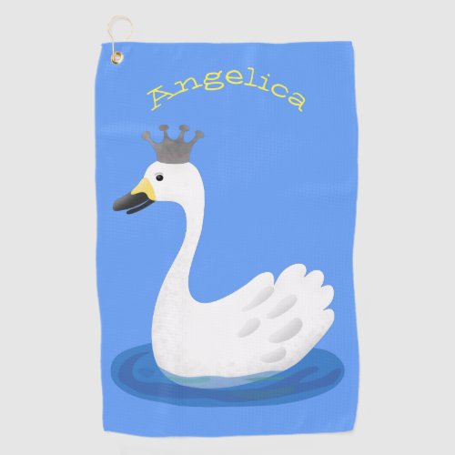 Cute white swan with crown cartoon  golf towel