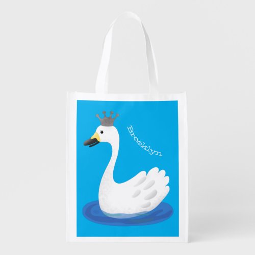 Cute white swan with crown cartoon grocery bag