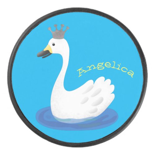 Cute white swan with crown cartoon hockey puck