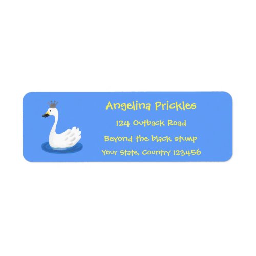 Cute white swan with crown cartoon label