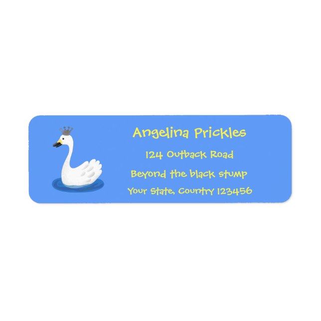 Cute white swan with crown cartoon label (Front)
