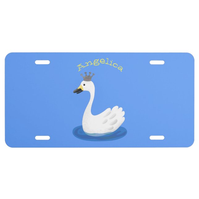 Cute white swan with crown cartoon license plate (Front)