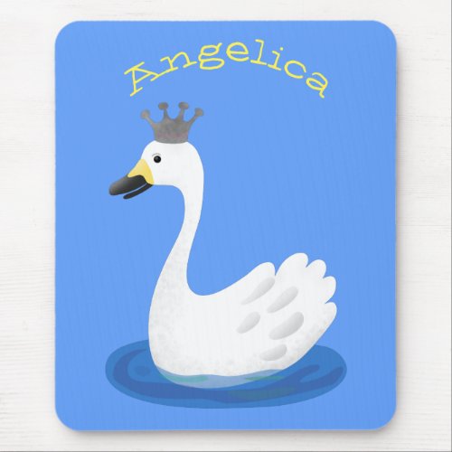 Cute white swan with crown cartoon mouse pad